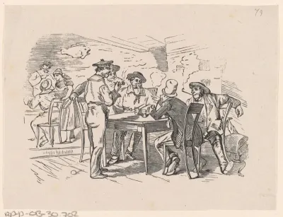 Groep mannen rokend rondom een tafel in een café