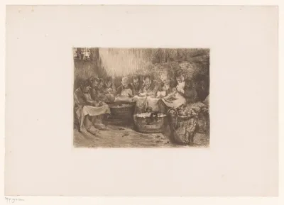 Groep mannen zit aardappels te schillen