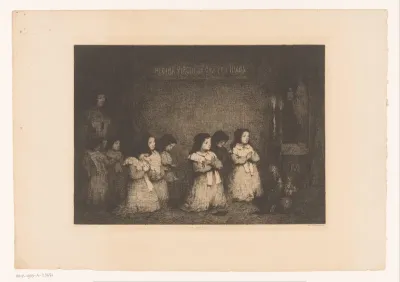 Groep meisjes in gebed voor een Mariabeeld
