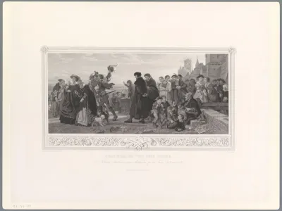 Groep mensen bij een stadspoort
