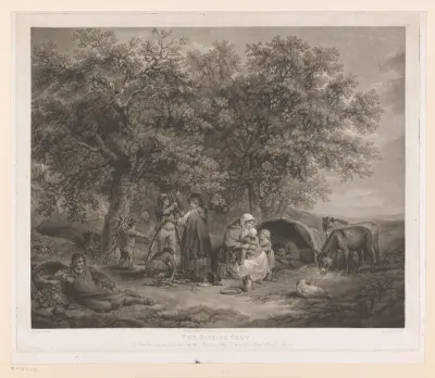 Groep mensen bij een tent maken een kampvuur