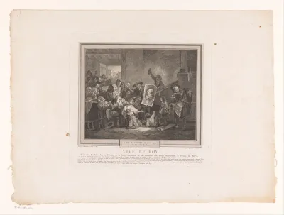 Groep mensen in een rustiek interieur wijst op het portret van Lodewijk XVI