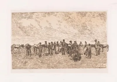 Groep mensen met ezels aan het strand