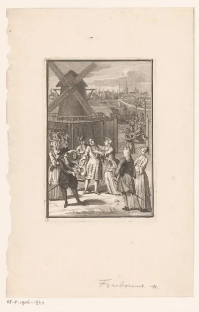 Groep mensen voor een molen, mogelijk een scène uit een toneelstuk