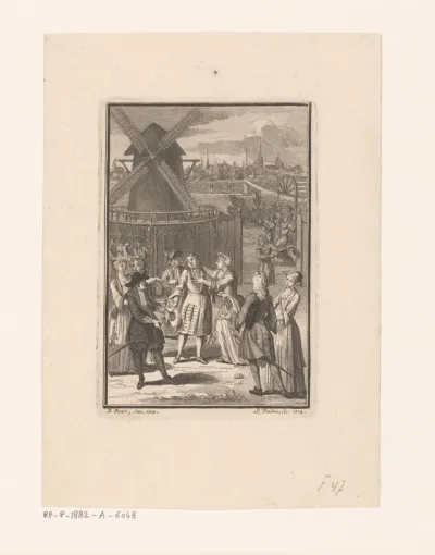 Groep mensen voor een molen, mogelijk een scène uit een toneelstuk