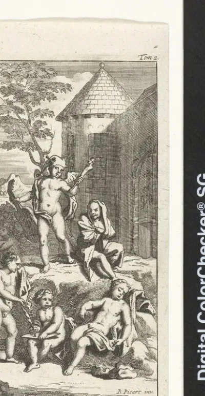 Groep naakte jongetjes waaronder jongen met narrekap en schrijvend en slapend kind