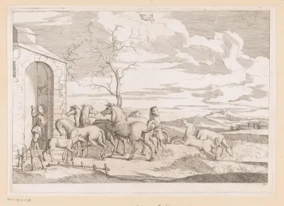 Groep paarden voor een staldeur