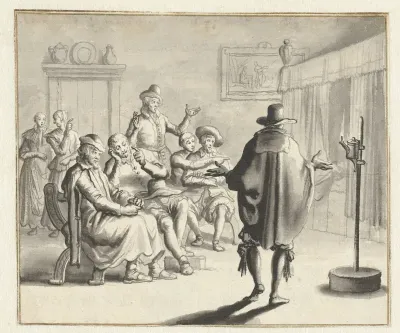 Groep personen voor een bedstee waarin het spookt