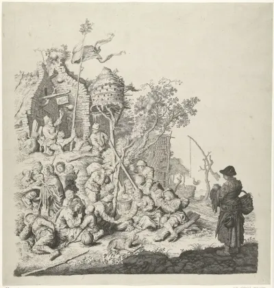 Groep Roma bij een herberg met een duiventil