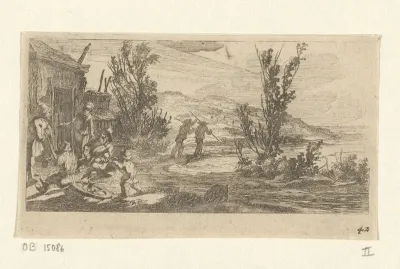 Groep rustende boeren voor een gebouw bij een landweg