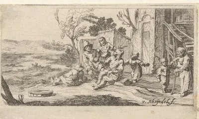 Groep rustende boeren voor een gebouw