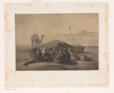 Groep rustende reizigers in de woestijn