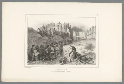 Groep soldaten trekt door een opening in de palissade, 1832