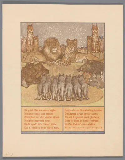Groep wolven voor een liggende leeuw (Nobel) en leeuwin (Gentel)