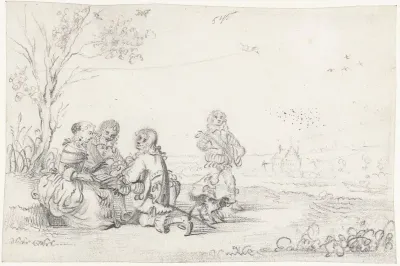 Groep zittend in een landschap