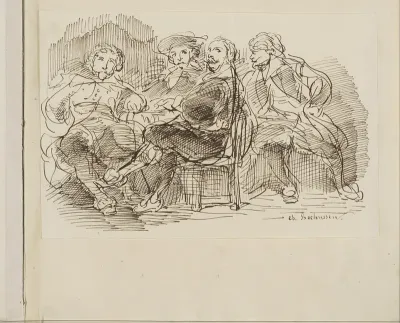Groepsportret met vier mannen aan een tafel