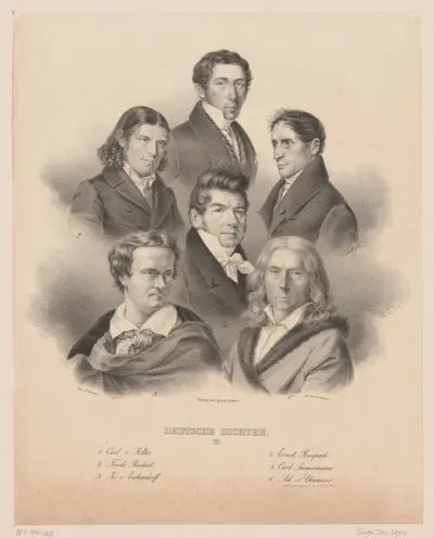 Groepsportret van Adelbert von Chamisso, Carl von Holtei, Karl Immermann, Ernst Benjamin Salomo Raupach, Joseph von Eichendorff en Friedrich Rückert