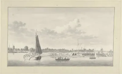 Groot vlot en verschillende schepen op de Merwede bij het huis de Merwe bij Dordrecht