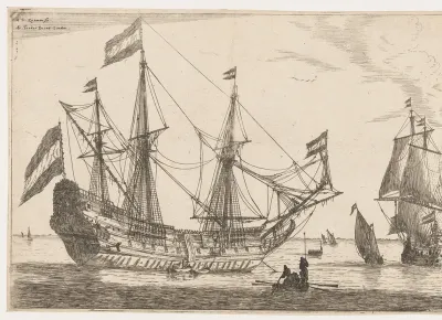 Groot zeilschip en een roeiboot