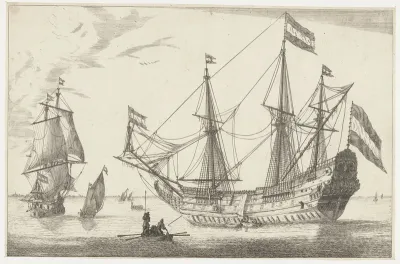 Groot zeilschip en een roeiboot