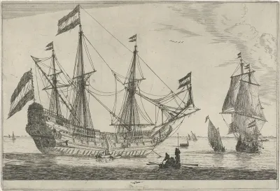 Groot zeilschip en een roeiboot