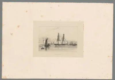 Groot zeilschip met twee masten en twee kleinere zeilboten op kalm water bij Greenwich