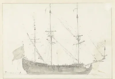 Groot zeilschip van opzij gezien