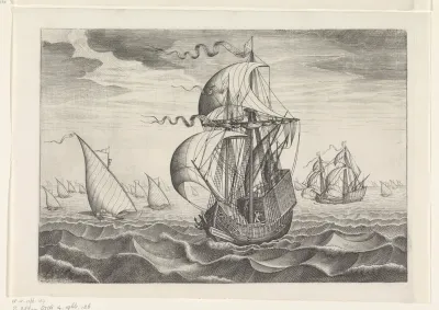 Groot Zeilschip vergezeld door zeilschepen met roeiers