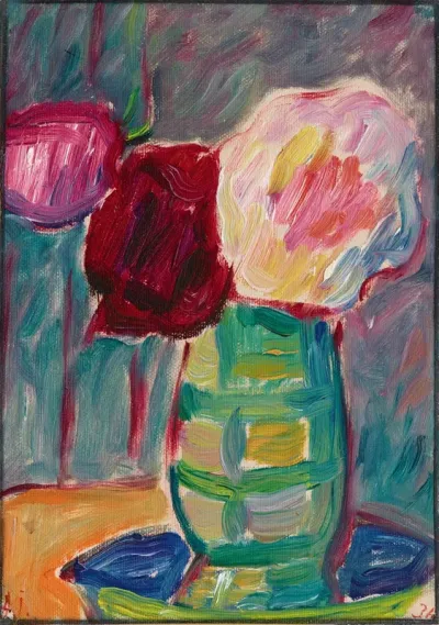 Grosses Stilleben: Blumen in bauchiger Vase