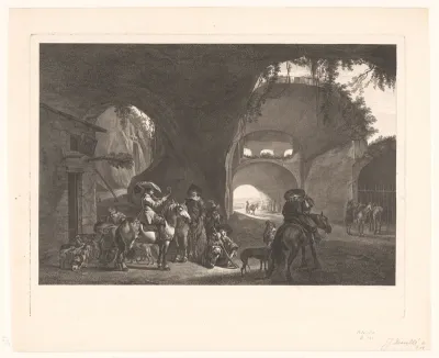 Grot met ruïne en rustende jagers