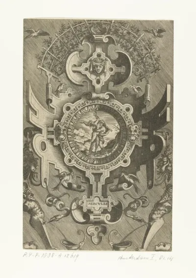 Grote cartouche met een voorstelling van Hercules die Antaeus doodt