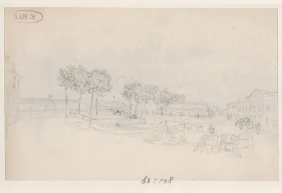 Grote gebouwen en koeien op de voorgrond