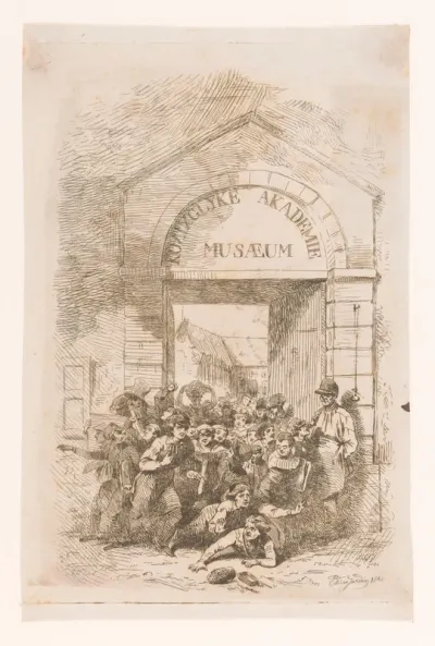 Grote groep jongens rent naar buiten door de poort van de Koninklijke Academie te Antwerpen