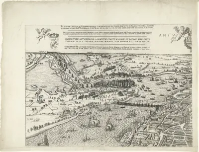 Grote kaart van Antwerpen met de mislukte aanslag in 1605 (blad linksboven)