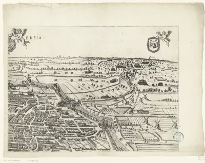 Grote kaart van Antwerpen met de mislukte aanslag in 1605 (blad rechtsboven)