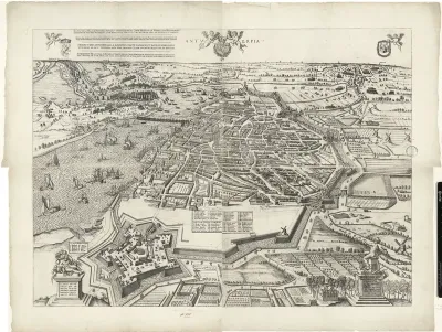 Grote kaart van Antwerpen met de mislukte aanslag in 1605