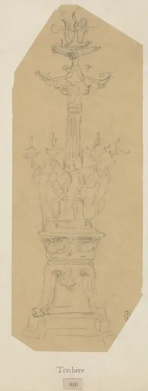 Grote torchère met dansende figuren die lampen vasthouden