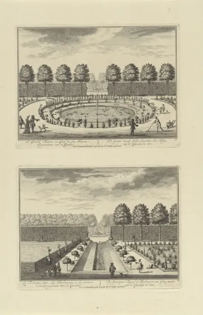 Grote vijver gezien richting de cascade bij Slot Zeist / De fonteintjes in de tuin van Slot Zeist