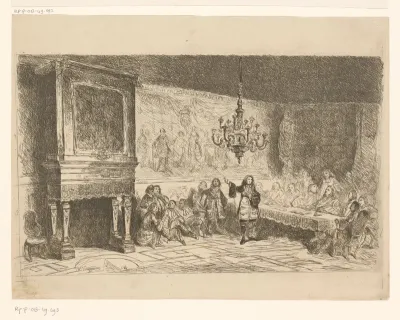Grote zaal met een groep mannen in beraad