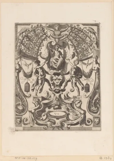 Grotesk ornament met de tronende godin Minerva in het midden
