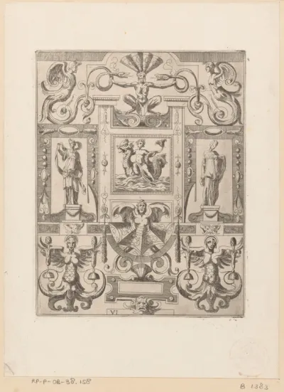 Grotesk ornament met een triton op een zeemonster in het midden