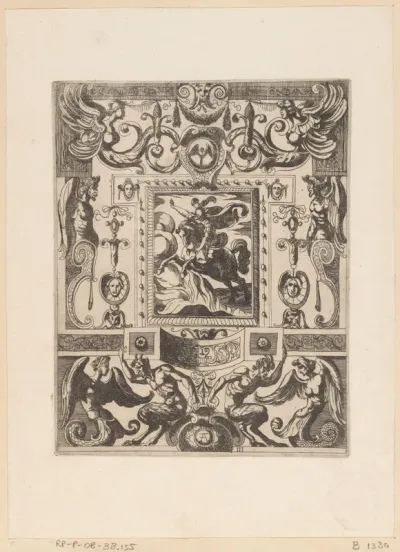 Grotesk ornament met in het midden een gewapende ridder te paard over vlammen springend