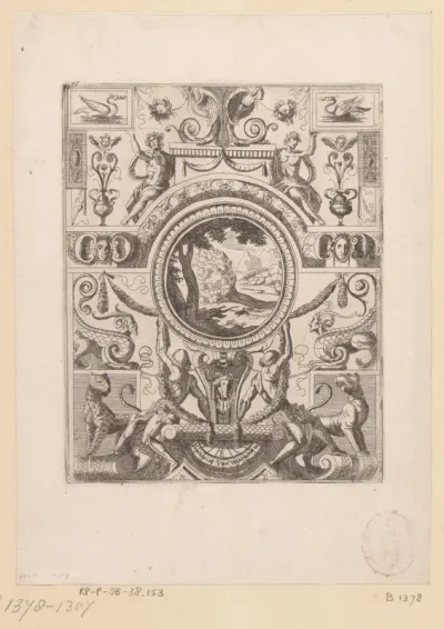 Grotesk ornament met landschap in het midden