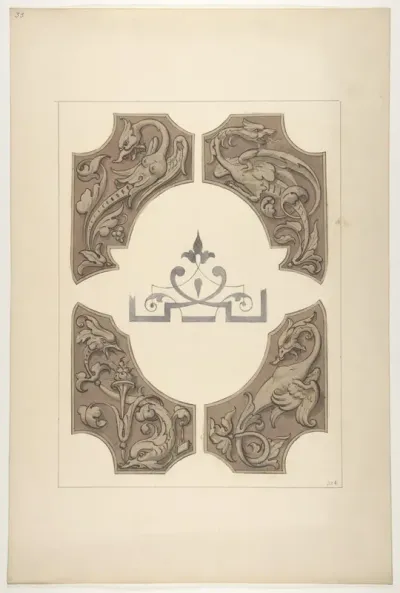 Grotesque designs featuring griffin, birds, and dolphins