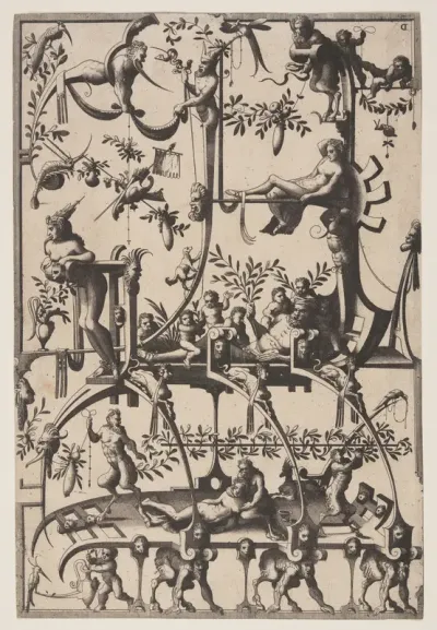 Grotesque Ornament and Tomb Design, from Veelderleij veranderinghe van grotissen...