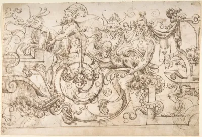 Grotesque panel with satyrs, herms, and strapwork (recto); winged creatures and strapwork (verso)