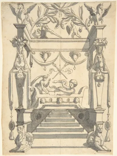Grotesque with an Architectural Structure with a Young Boy on a Bed, Holding a Snake