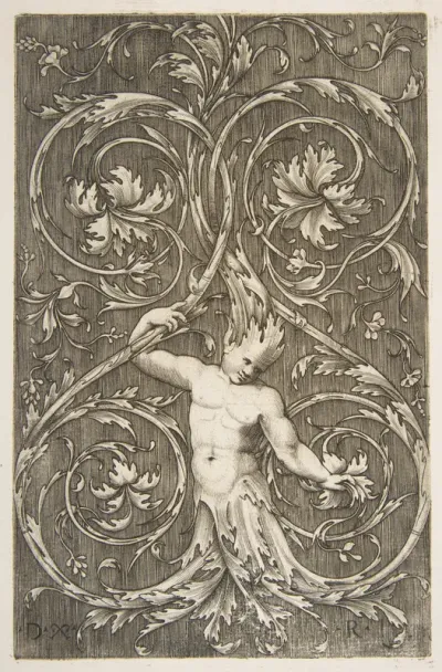 Grotesque with male figure with lower body and head of acanthus scrolls