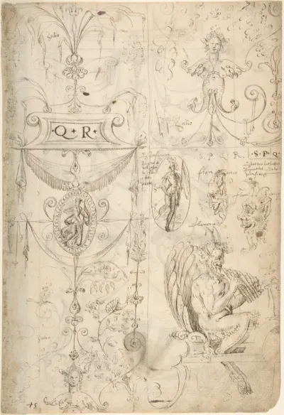 Grotesques Designs with Various Inscriptions (recto); Candelabra Grotesque and Two Putti Holding Flowers (verso)