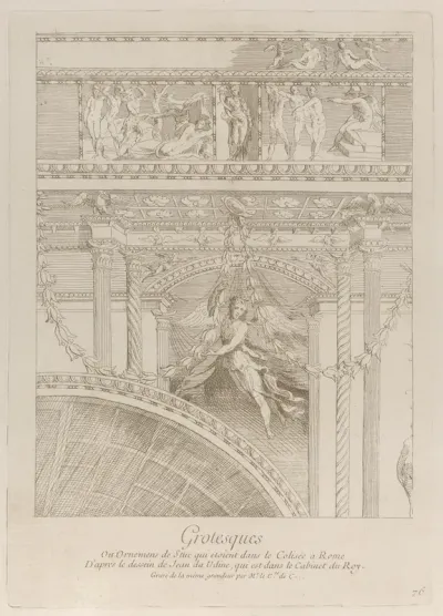 Grotesques: detail of the stucco reliefs decorating the Colosseum in Rome, with a winged figure hovering between two pairs of columns